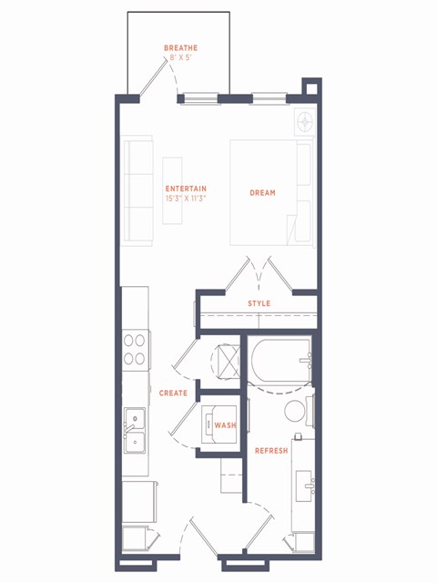 A floor plan of a house with rooms labeled as "ENTERTAIN", "DREAM", "STYLE", "CREATE", "WASH", and "REFRESH".